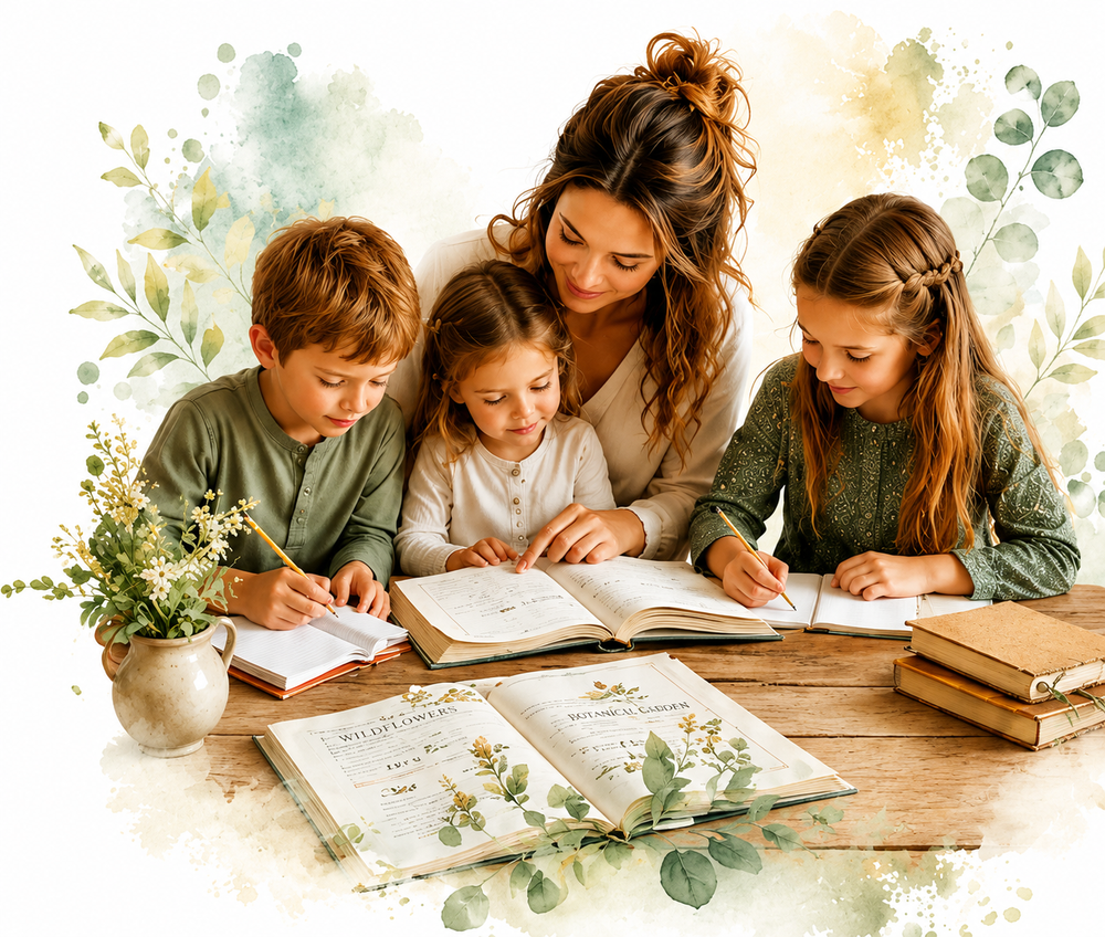 Homeschooling family reading together